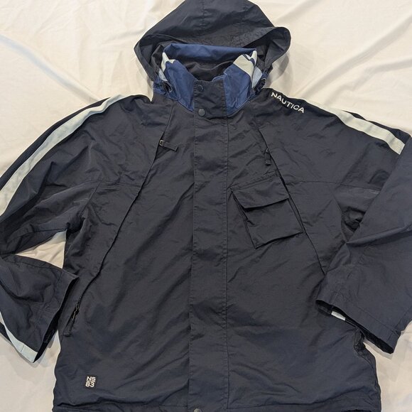 VTG Mens Nautica NS-83 Sailing Jacket Size L Navy Blue Hooded 90s Y2k Winter - Picture 1 of 11
